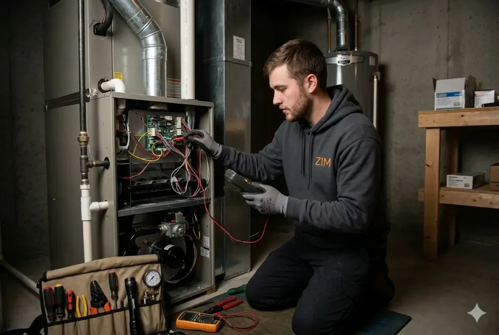 HVAC technician in dark gray hooded sweatshirt with "ZIM" heating and cooling logo servicing furnace