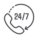 24/7 inset circular arrow pointing to telephone simple icon in dark gray