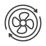 Simple gray icon of fan inside circle inside circular arrows symbolizing air conditioning