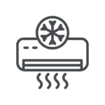 Simple gray icon of air conditioner, wavy lines, and snowflake