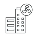 Simple gray icon of buildings and fan symbolizing commercial HVAC
