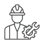 Simple gray icon of construction worker, gear, and wrench representing technician