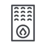 Simple gray icon of a furnace with flame