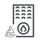 Simple gray icon of furnace with repair warning in outstretched hand