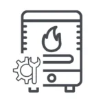 Simple gray icon of a furnace with flame and gear and wrench inset