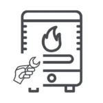 Simple gray icon of furnace and hand holding wrench