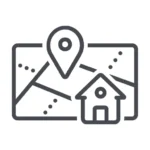Simple gray icon of pin and home against a map